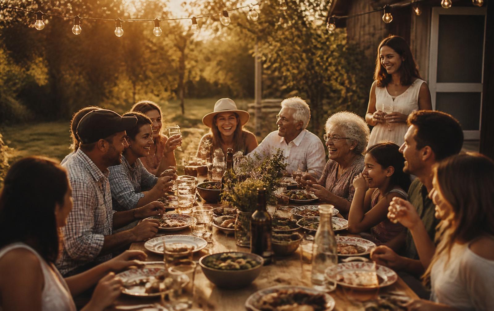 A multigenerational community sharing a long outdoor dinner at golden hour