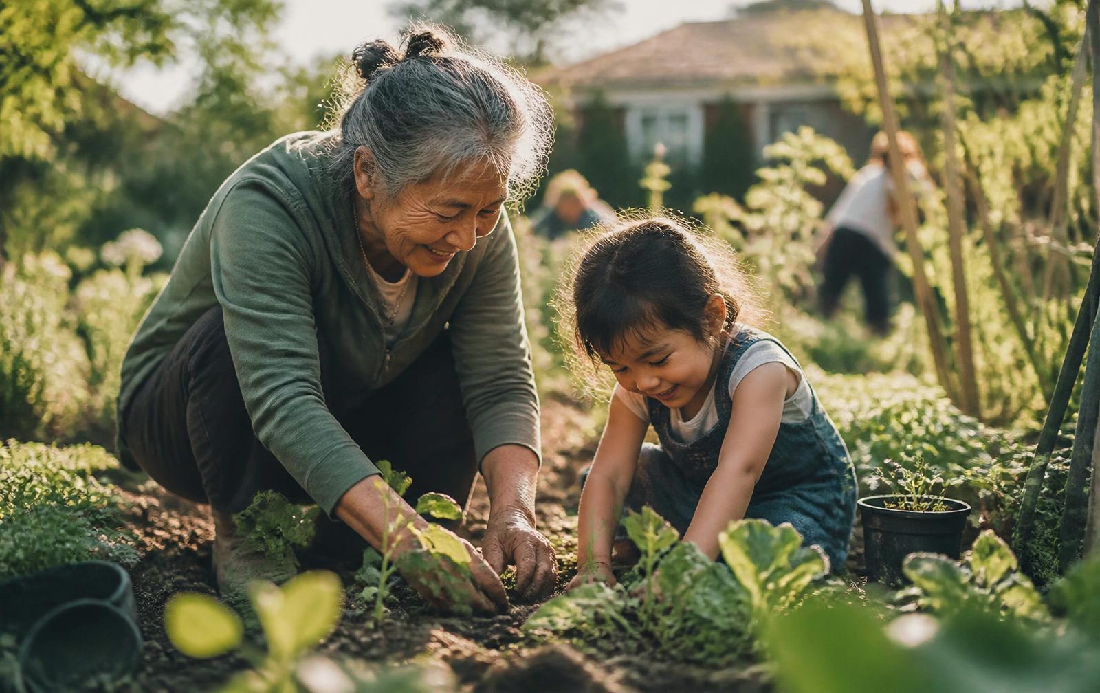 An elder and a child gardening together