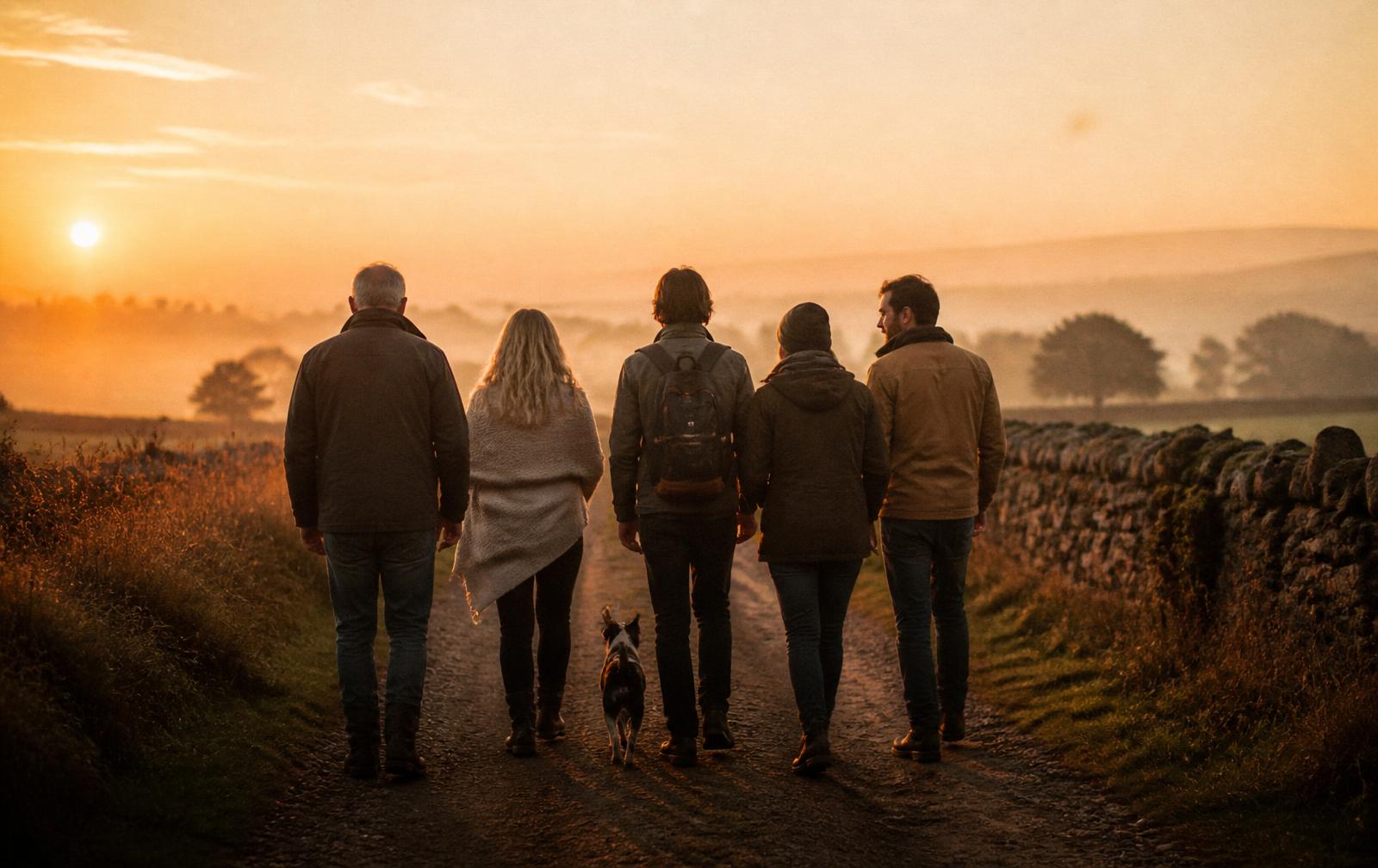 A group of friends walking together at sunrise